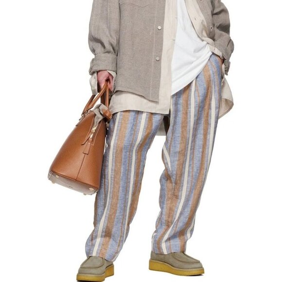 Hed Mayner Stripe Blue Brown Ivory Blend 6 Pleat Loose Fit Trouser Pants Size M - Picture 1 of 12